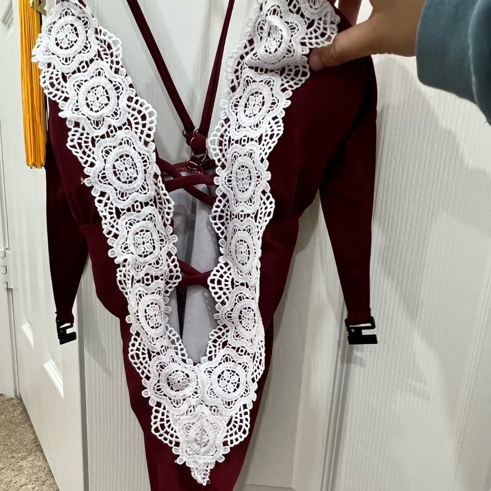 Burgundy with White Lace One Piece Swimsuit Size Medium